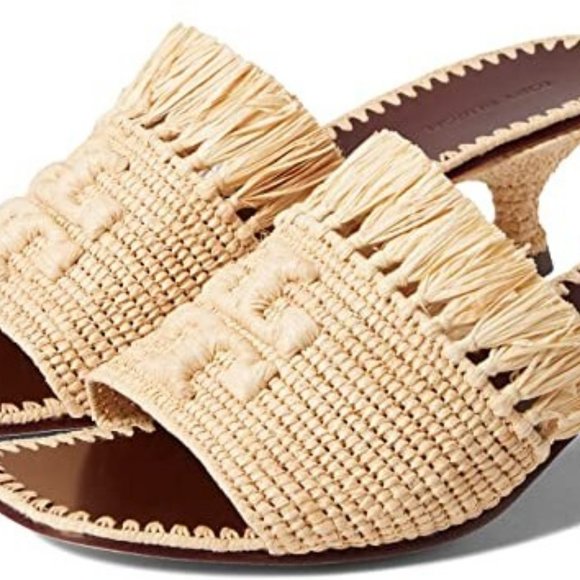 NIB $378 Tory Burch Eleanor Raffia Kitten-Heel Mules Double T Slip On Sandal 6.5 - Picture 4 of 11
